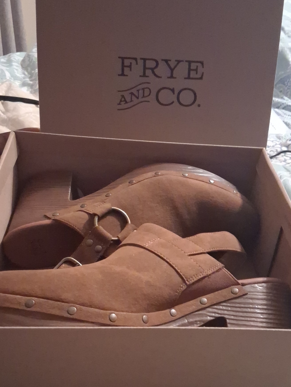 FRYE AND CO. Brown Suede Studded Clog Mules